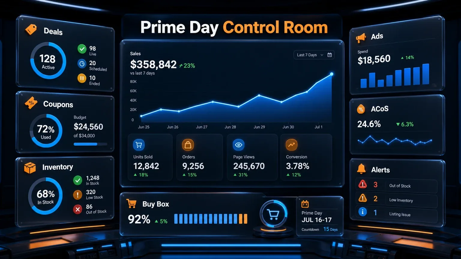 Prime Day seller control room dashboard showing deal status, coupon budget, inventory levels, ad spend, ACoS, and listing alerts