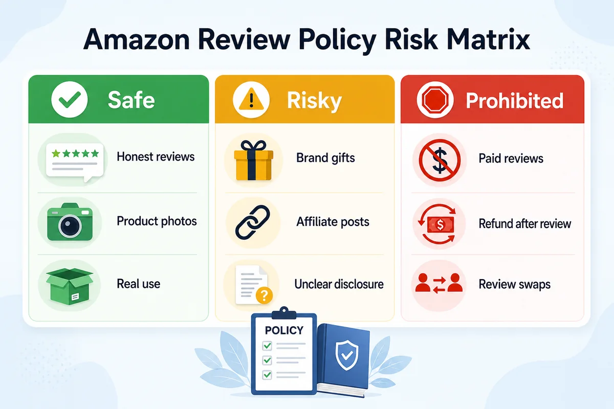 Amazon review policy risk matrix showing safe, risky, and prohibited reviewer actions