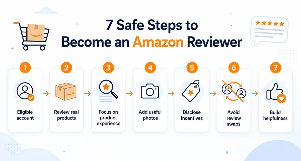 Seven-step Amazon reviewer workflow from account eligibility to helpful product reviews