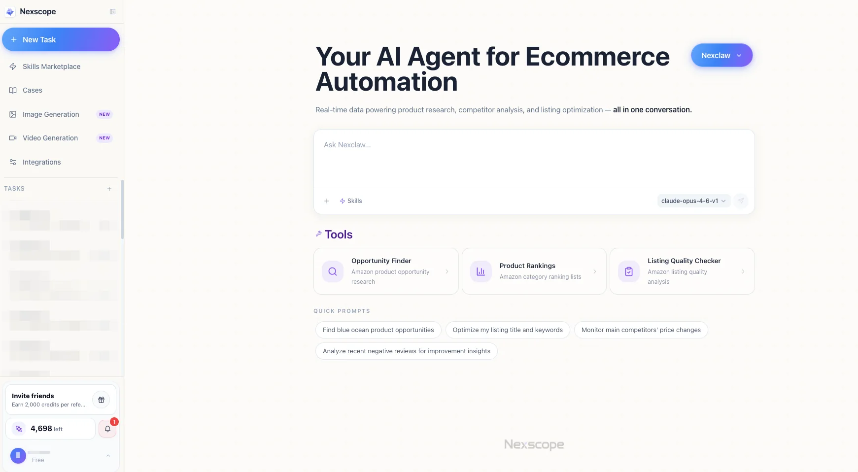 Nexscope AI Agent for ecommerce automation with product research, review analysis, and marketplace tools