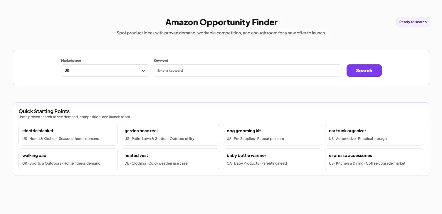 Nexscope Amazon Opportunity Finder interface for ecommerce sellers entering a keyword to find Amazon product opportunities