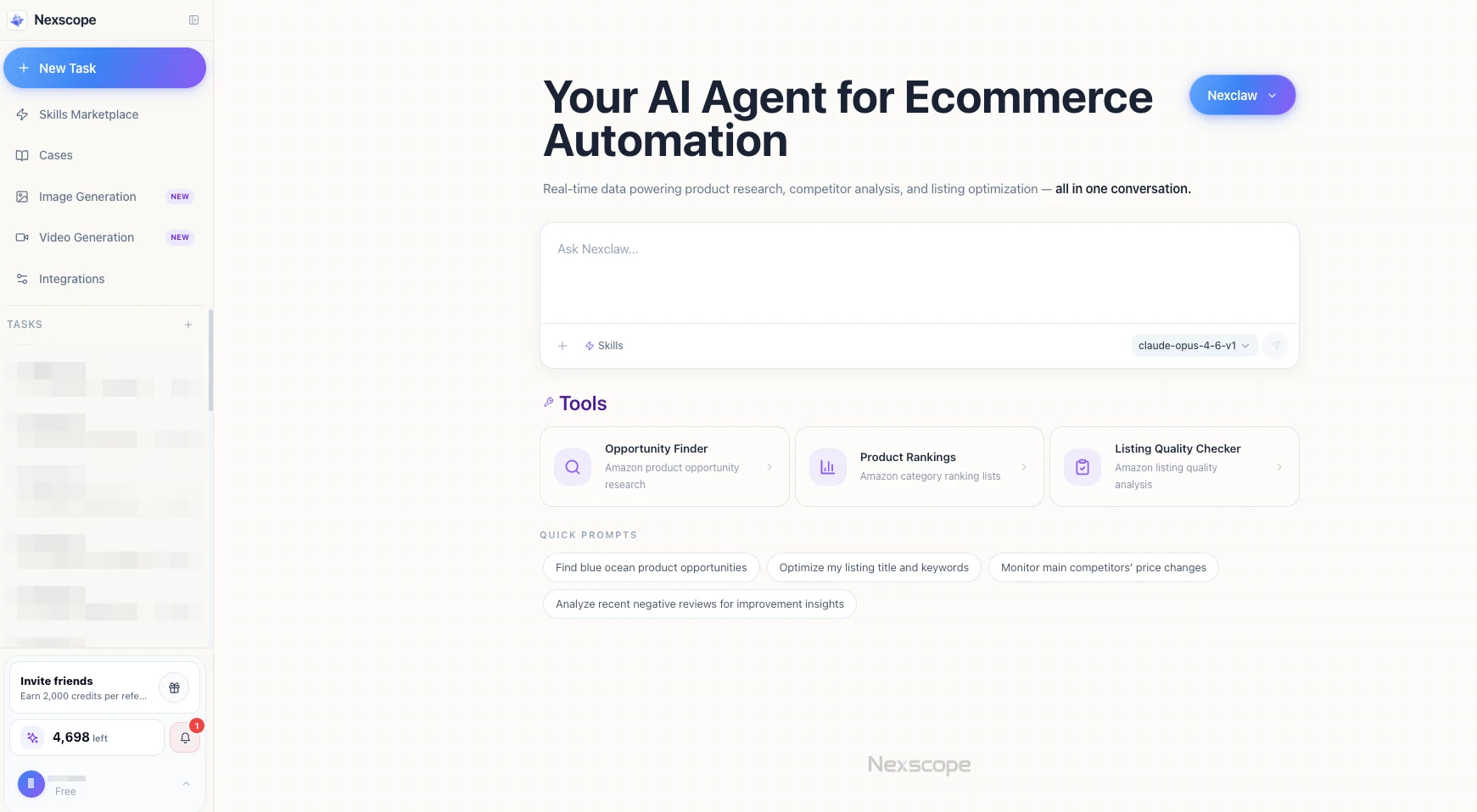 Nexscope AI Agent for ecommerce automation with product research and review analysis skills