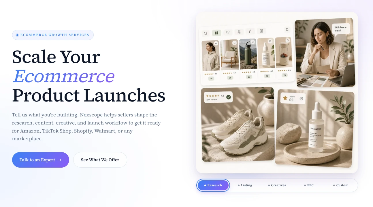 Nexscope Ecommerce Growth Services screenshot showing ecommerce launch workflow, research, listing, creatives, PPC, and custom support