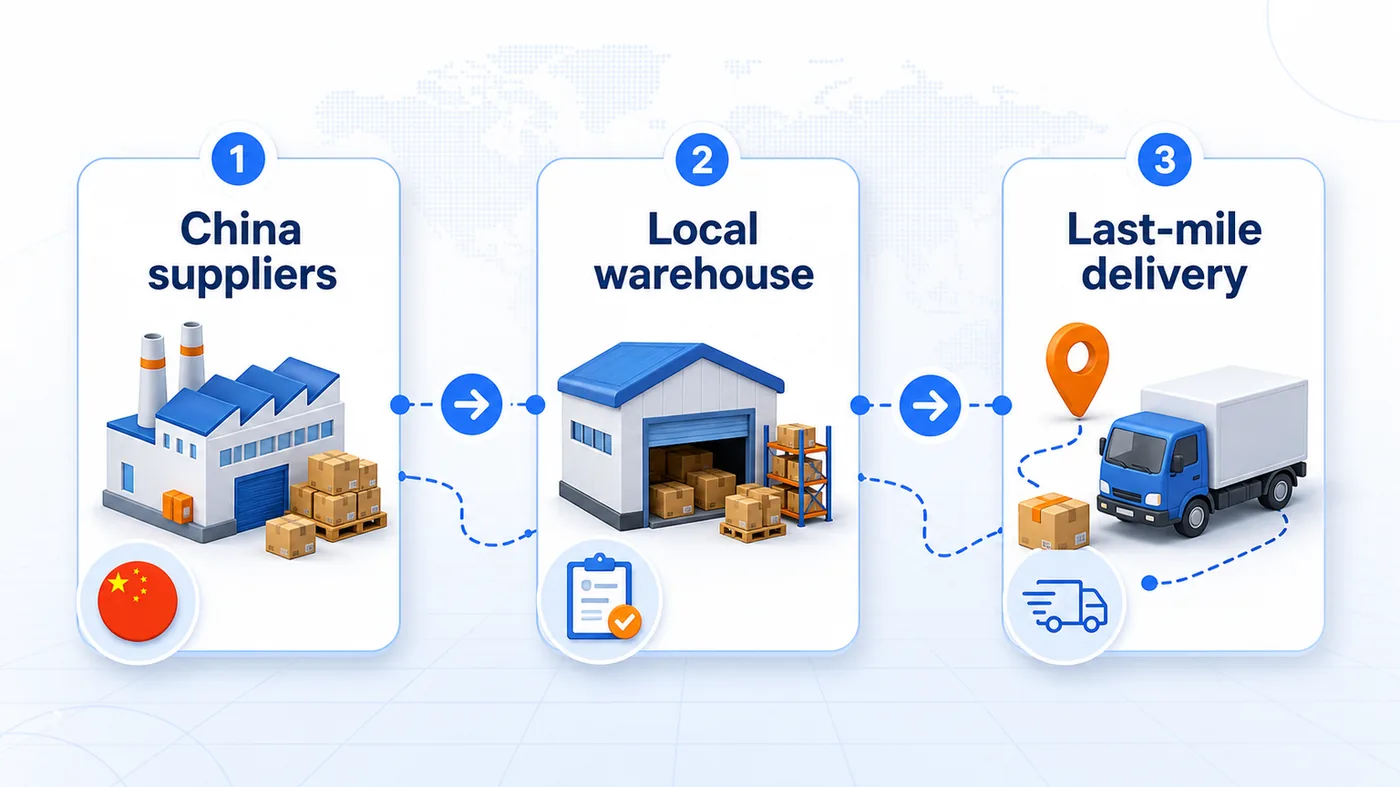 Temu shipping origin flowchart showing China suppliers, local warehouses, and last-mile delivery routes