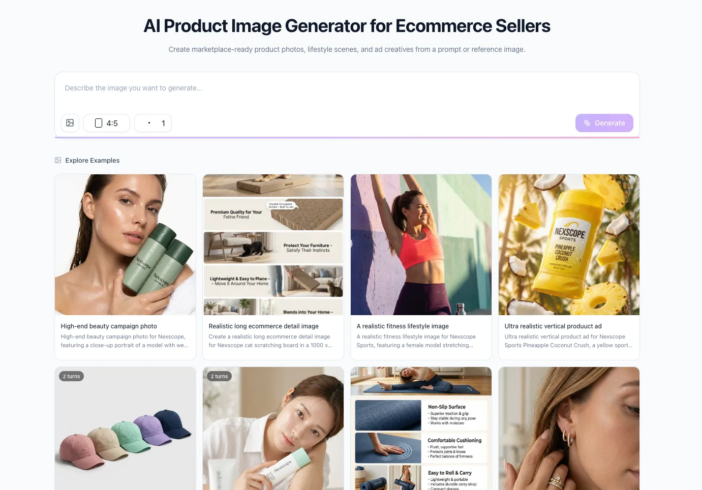 Nexscope AI Product Image Generator interface for ecommerce sellers creating marketplace-ready product photos, lifestyle scenes, and ad creatives