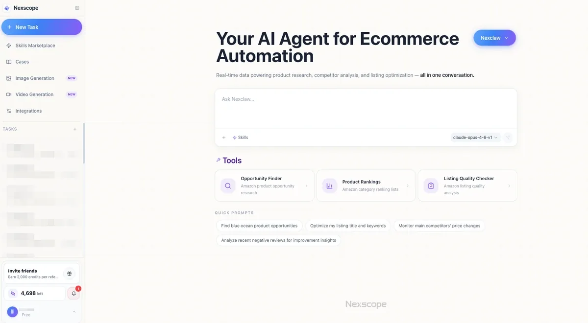 Nexscope AI Agent for ecommerce automation comparing marketplace signals and seller workflows