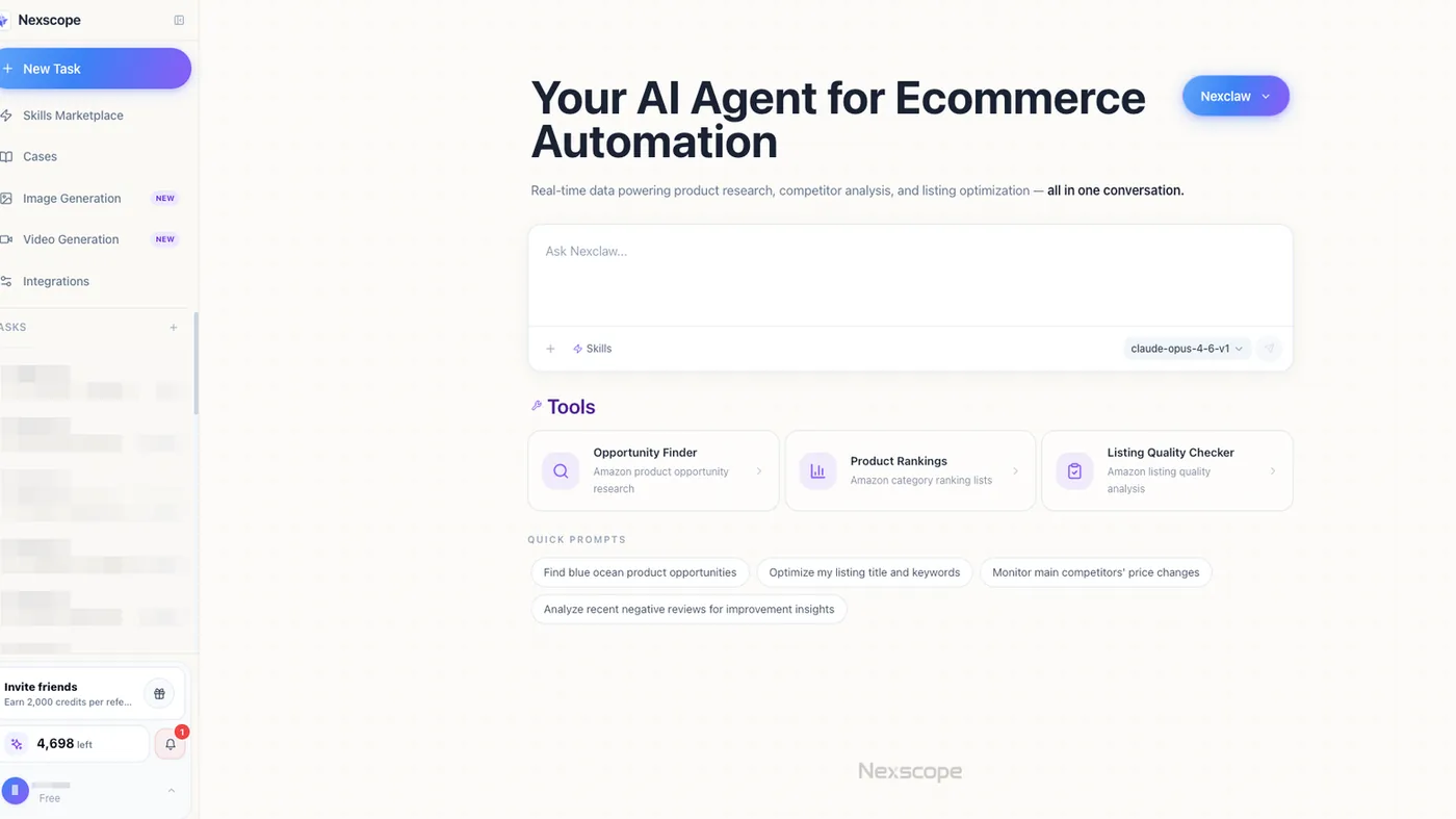 Nexscope AI Agent for ecommerce automation with product research and competitor research skills