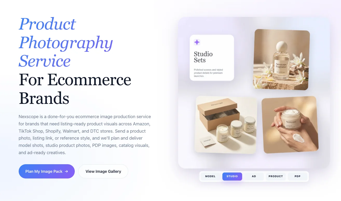 Nexscope Product Photography Service page showing studio product photos and ecommerce image pack options