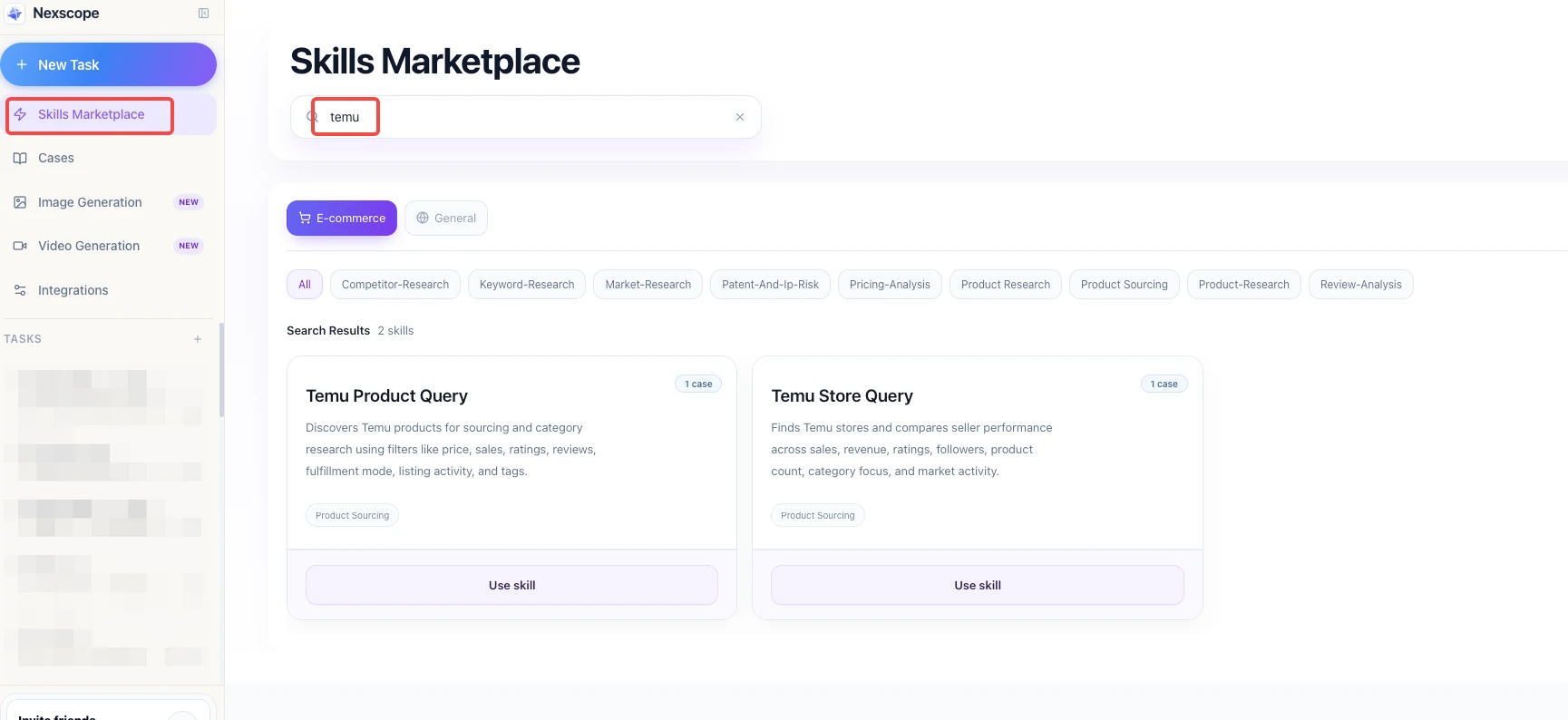 Nexscope Skills Marketplace showing Temu Product Query and Temu Store Query skills for Temu data research