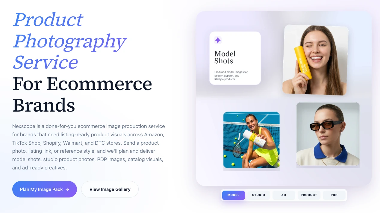 Nexscope Product Photography Service website screenshot showing listing-ready ecommerce product visuals